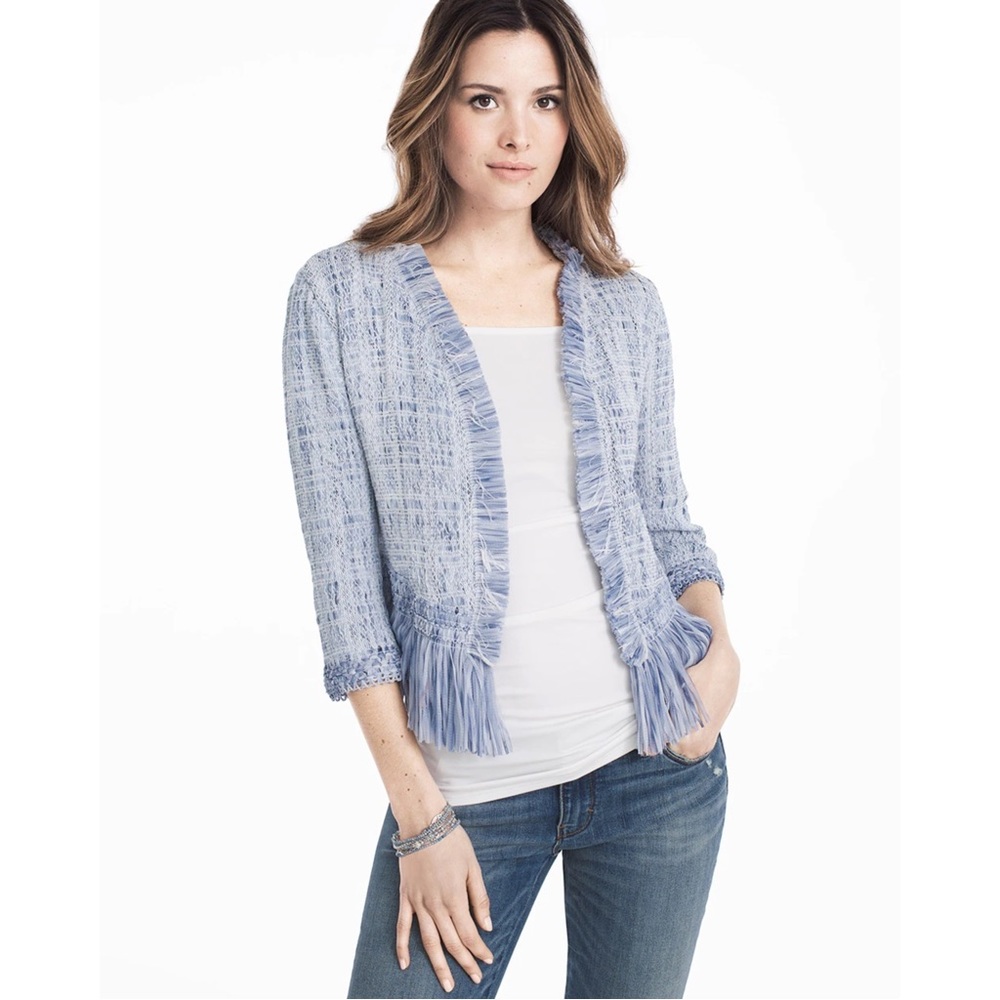 White House black market open front blue fringed sweater jacket cardigan size L